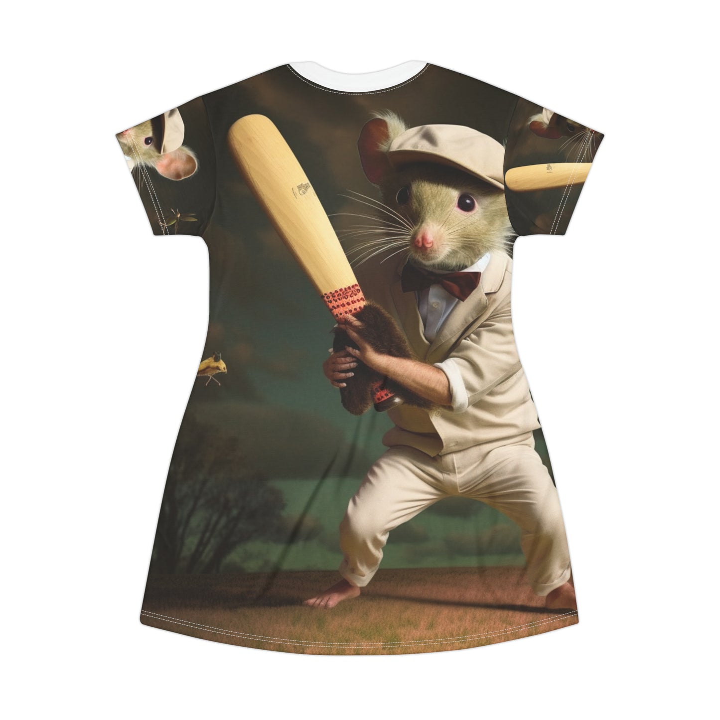 Bateo de críquet con ratón, wicket, pelota golpeando el muñón, momento Howzat - Vestido tipo camiseta (AOP) 