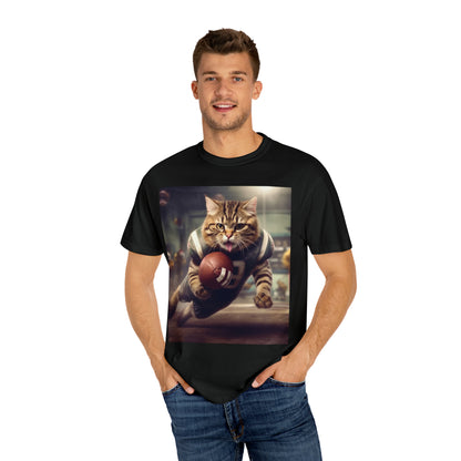 Football Field Felines: Kitty Cats in Sport Tackling Scoring Game Position - Unisex Garment-Dyed T-shirt