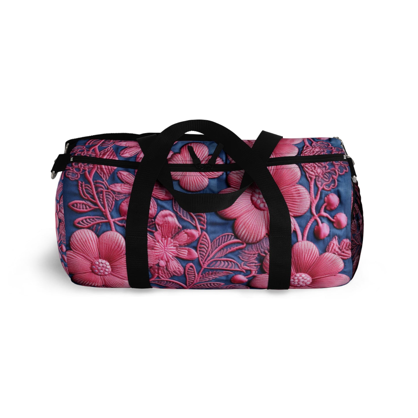 Denim Blue Doll Pink Floral Embroidery Style Fabric Flowers - Duffel Bag