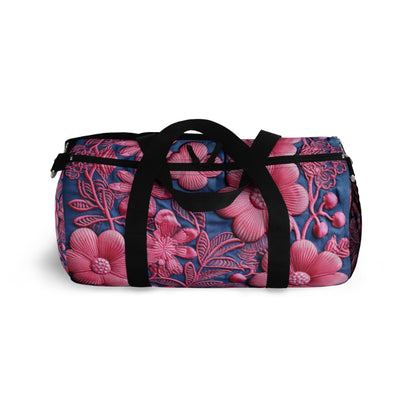 Denim Blue Doll Pink Floral Embroidery Style Fabric Flowers - Duffel Bag