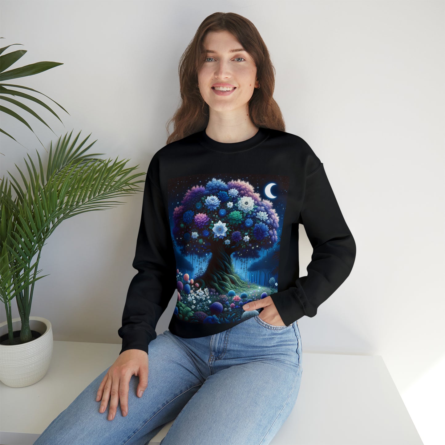 Starry Night Bloom: Magical Garden and Celestial Tree Art - Unisex Heavy Blend™ Crewneck Sweatshirt