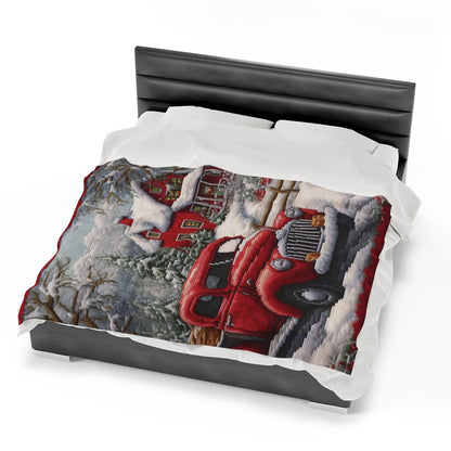 Red Truck Christmas Embroidery: Needlepoint Festive Winter Scene Threadwork - Velveteen Plush Blanket