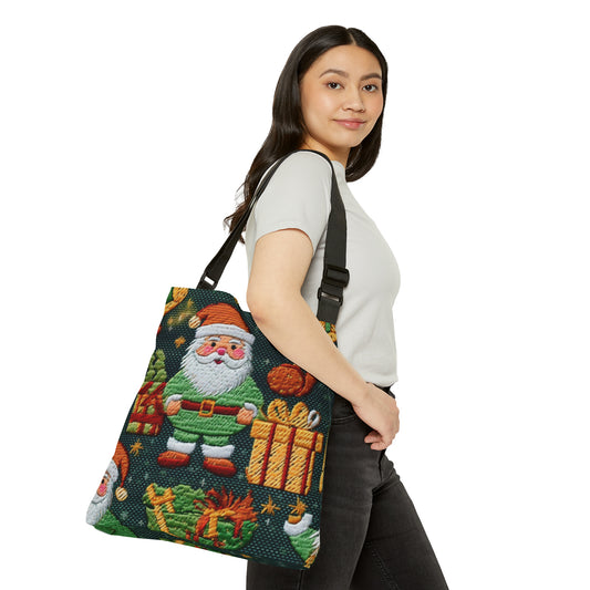Christmas Santa Claus - Embroidered Presents - Festive Winter Wonderland - Deck the Halls Design - Adjustable Tote Bag (AOP)