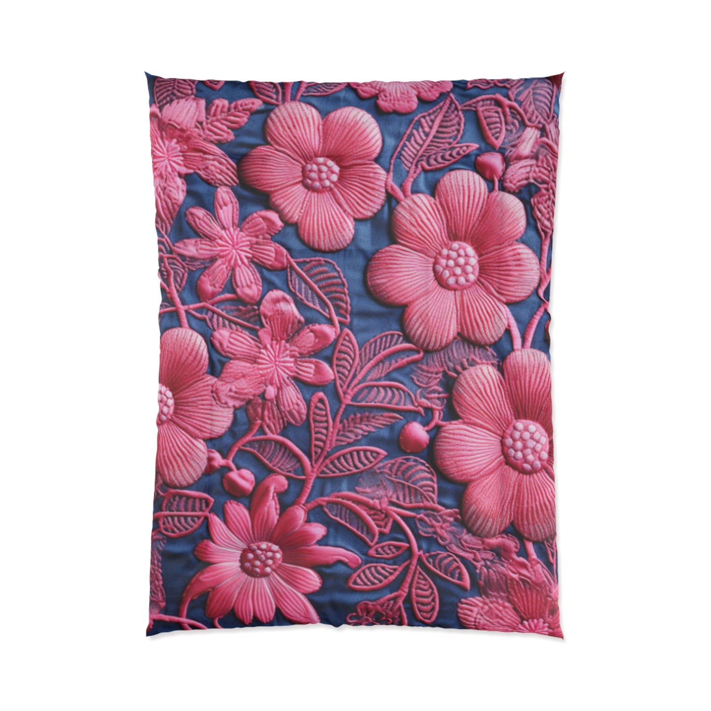 Denim Blue Doll Pink Floral Embroidery Style Fabric Flowers - Comforter