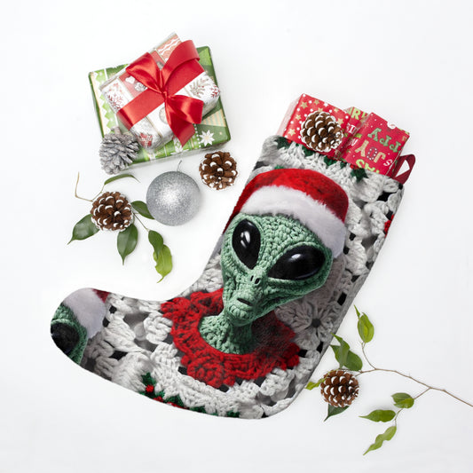 Santa's Cosmic Secret: Jolly Green Christmas Extraterrestrial with Festive Attire Crochet Art - Christmas Stockings