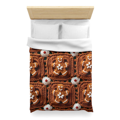 Gingerbread Man Crochet, Classic Christmas Cookie Design, Festive Yuletide Craft. Holiday Decor - Microfiber Duvet Cover