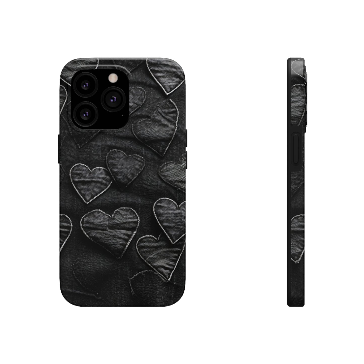 Black: Distressed Denim-Inspired Fabric Heart Embroidery Design - Tough Phone Cases