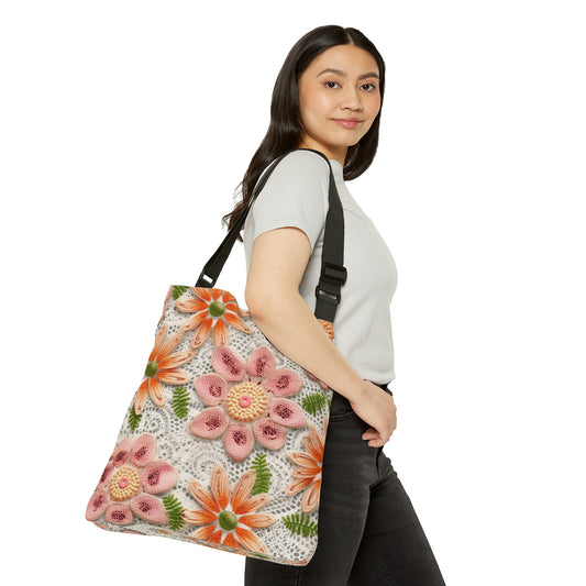 Floral Embroidered Eyelet: Delicate Flower Elegant Pattern - Adjustable Tote Bag (AOP)