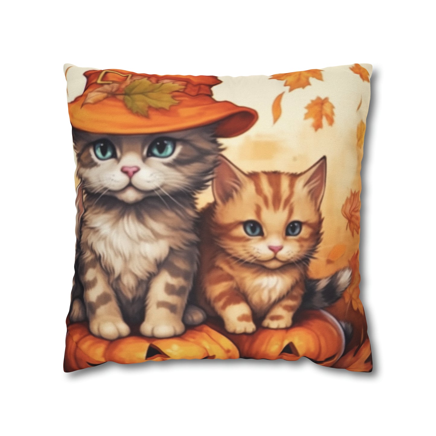 Kitty Cat Kittens Halloween - Cute Furries on Pumpkin - Festive Feline Decor - Spun Polyester Square Pillow Case