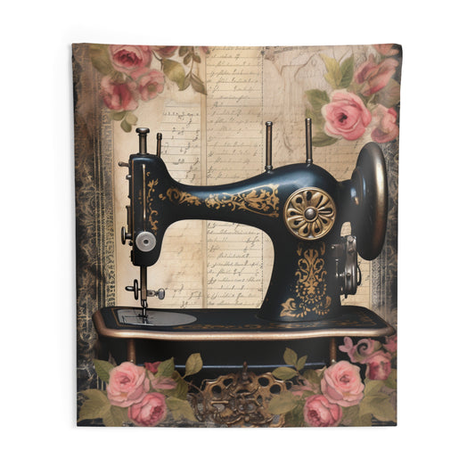 Gothic Black Sewing Machine with Golden Accents and Roses, Classic Tailoring - Indoor Wall Tapestries