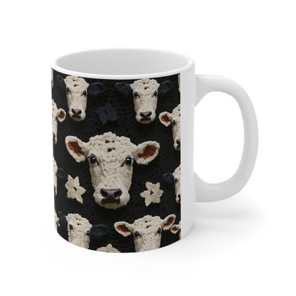 Patrón de vaca de ganchillo Estilo de tela de animales de granja - Taza de cerámica 11oz