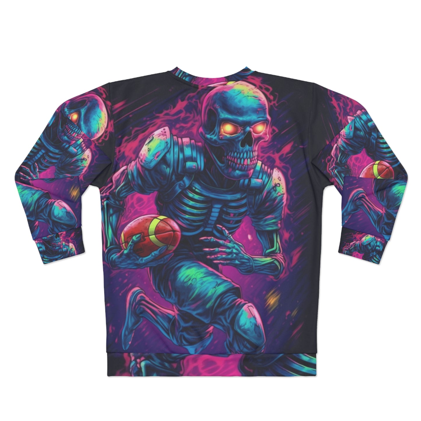 Spooky Football Game: Fantasy Skeleton Athlete Running with Ball, Sporty Halloween - Unisex Sweatshirt (AOP)