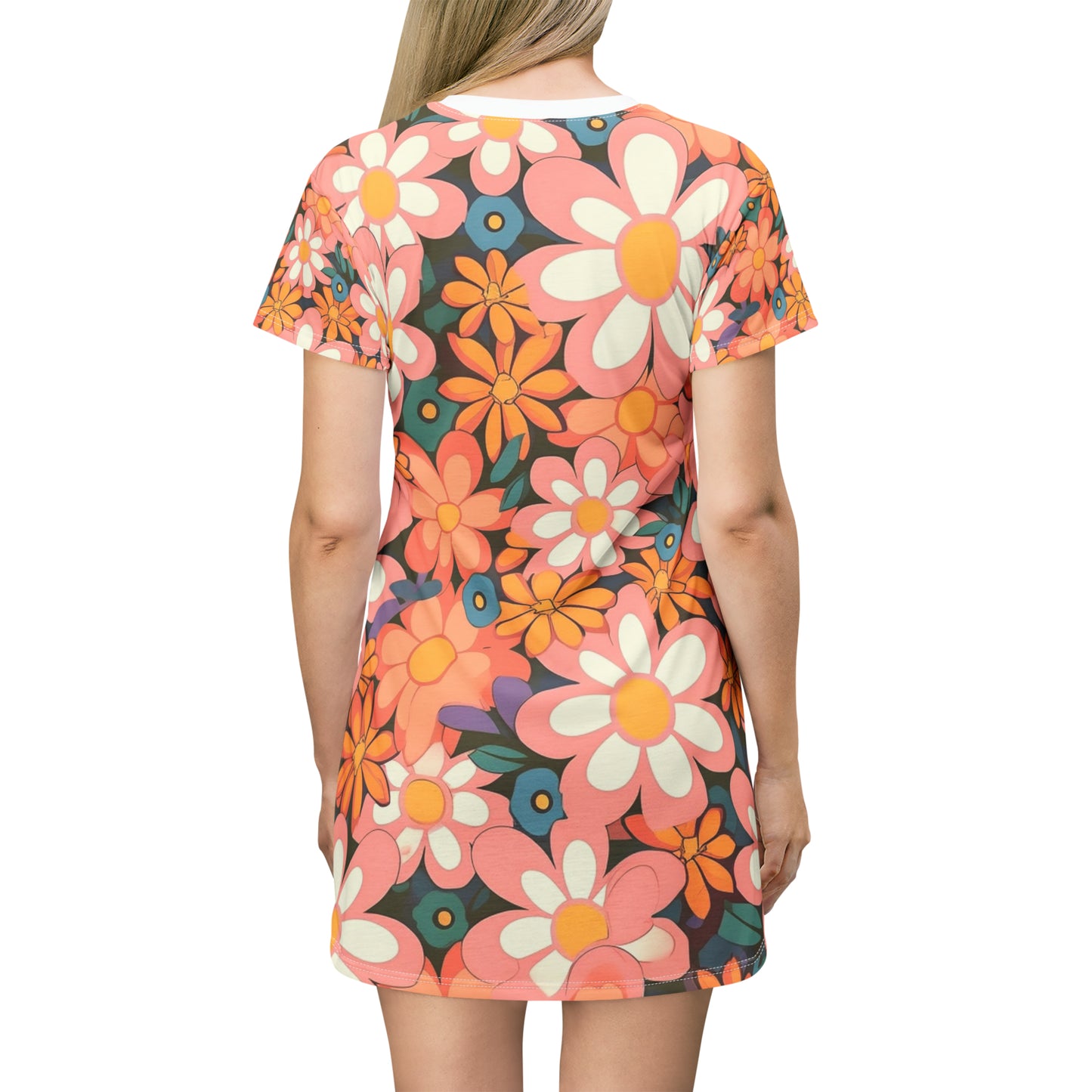 Groovy 1960s 1970s Pink &amp; Orange Daisy Mod Floral - Vestido tipo camiseta (AOP) 