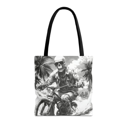 Biker Skeleton Wearing Sunglasses, Riding Sunset Boulevard in California Motorcycle, Tote Bag (AOP)