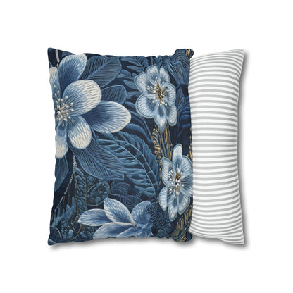 Flower Blossom Embroidery Floral on Denim Style - Spun Polyester Square Pillow Case