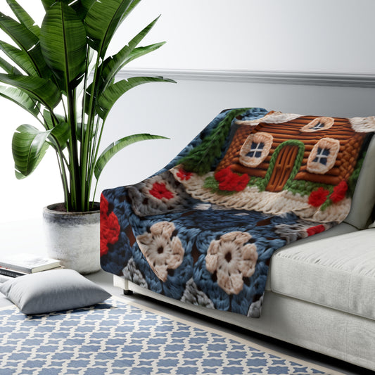 Cottagecore Log Cabin Crochet, Christmas Winter House Design, Rustic Holiday - Sherpa Fleece Blanket