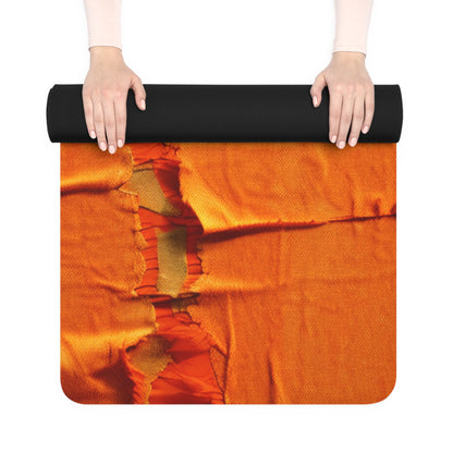 Fiery Citrus Orange: Edgy Distressed, Denim-Inspired Fabric - Rubber Yoga Mat