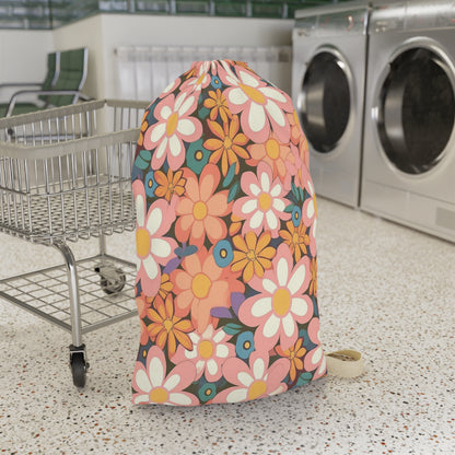Groovy 1960s 1970s Pink & Orange Daisy Mod Floral - Laundry Bag