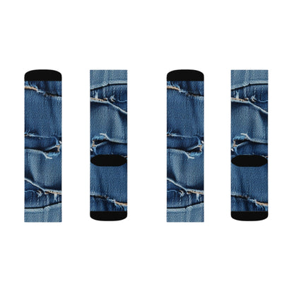 Midnight Blue Distressed Denim: Rugged, Torn & Stylish Design - Sublimation Socks