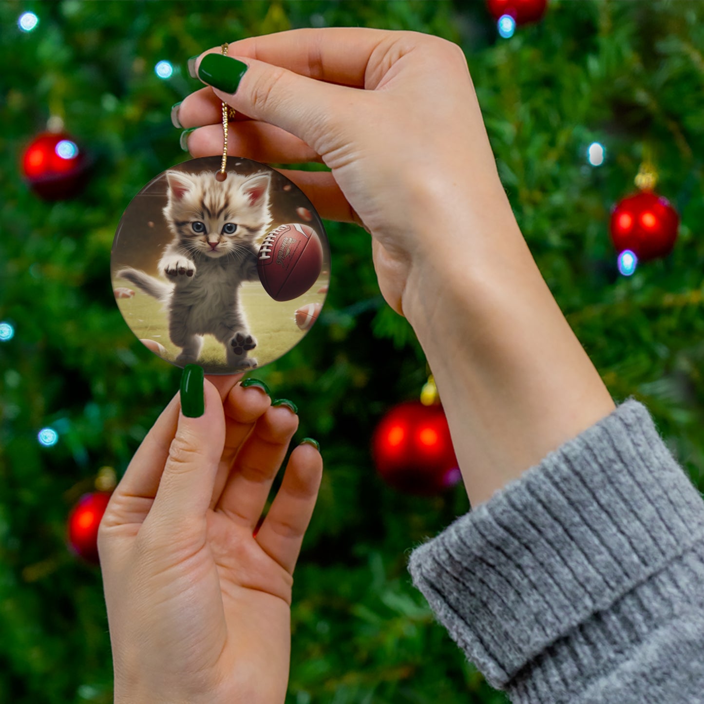 Football Kitty Fantasy: Feline Cat American Sport Quarterback - Ceramic Ornament, 4 Shapes