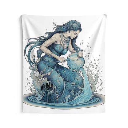 Aquarius Zodiac Symbol - Girl Pouring Water, Hand-Drawn Style - Indoor Wall Tapestries