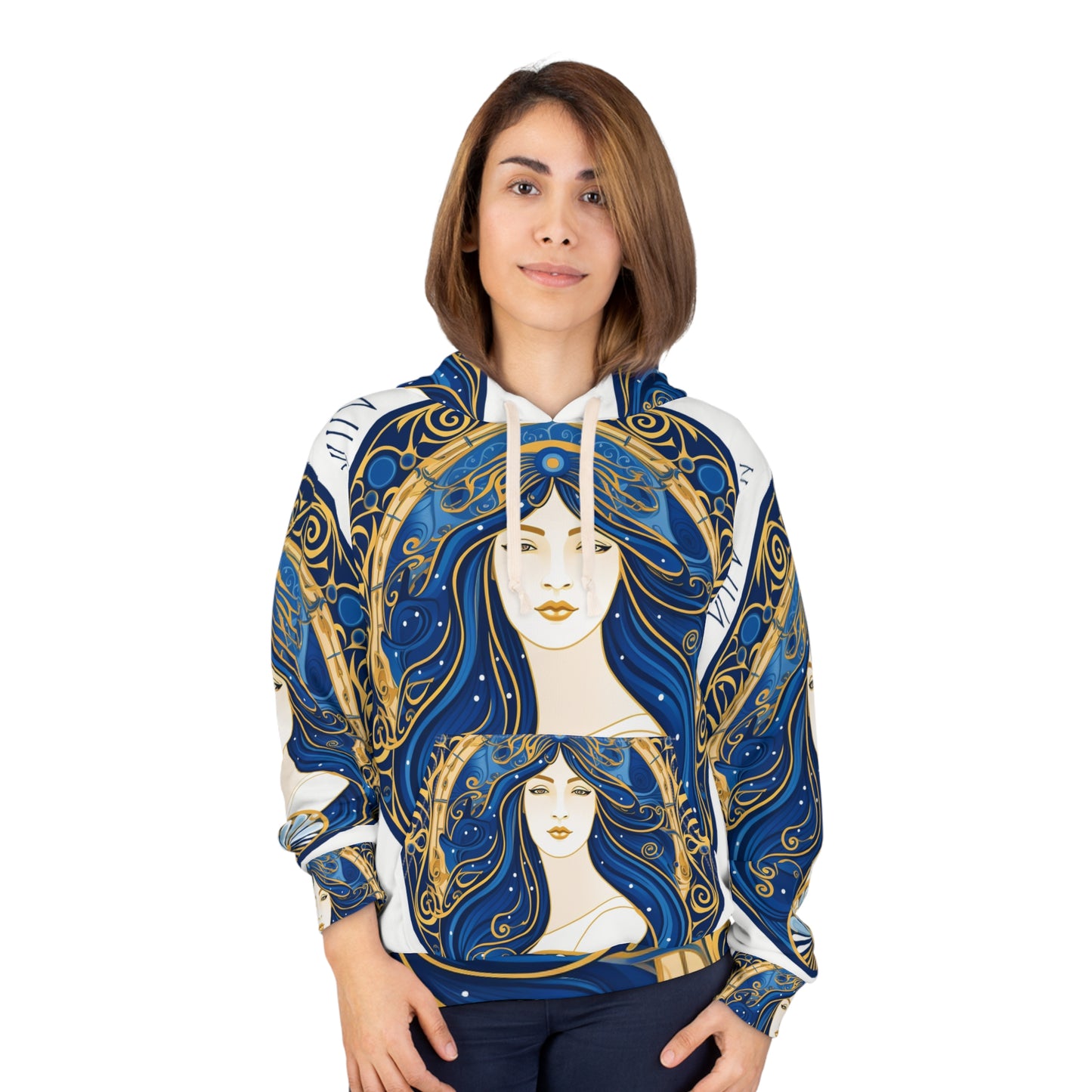 Simetría circular del zodiaco Virgo en azul real dorado - Sudadera con capucha unisex (AOP) 