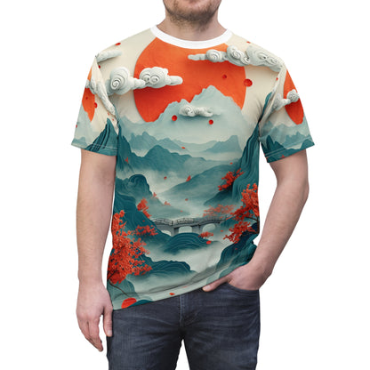 ペーパーアート、山、雲、木々、中国古代画風、ユニセックスカットソーTee（AOP）