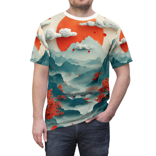 Paper art, mountains, clouds, trees, Chinese ancient painting style, Unisex Cut & Sew Tee (AOP)