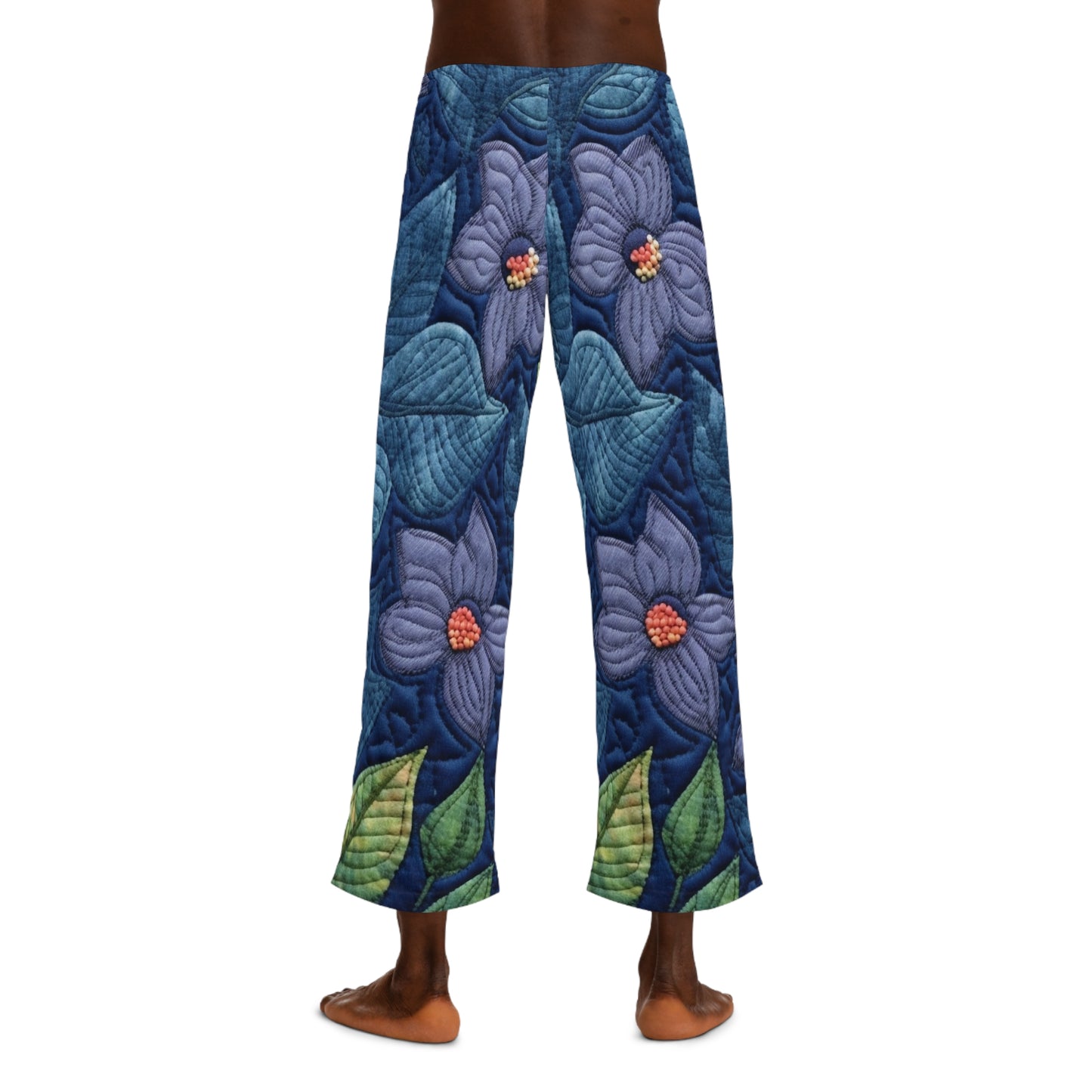 Azul bordado floral: diseño floral artesanal inspirado en la mezclilla - Pantalones de pijama para hombre (AOP) 