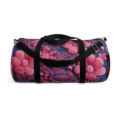 Denim Blue Doll Pink Floral Embroidery Style Fabric Flowers - Duffel Bag