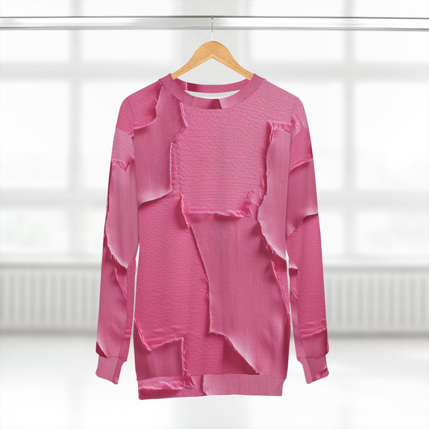 Distressed Neon Pink: Edgy, Ripped Denim-Inspired Doll Fabric - Unisex Sweatshirt (AOP)