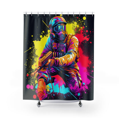 Paintball Action Sport: Player in Battle, Paint Splatter - Shower Curtains