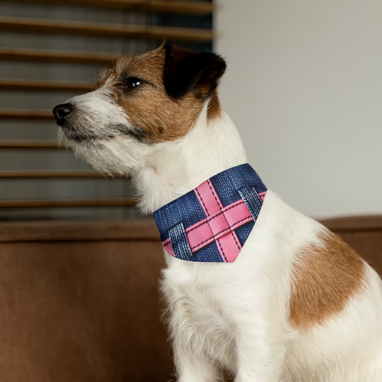 Candy-Striped Crossover: Pink Denim Ribbons Dancing on Blue Stage - Dog & Pet Bandana Collar