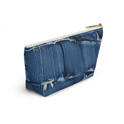 Midnight Blue Distressed Denim: Rugged, Torn & Stylish Design - Accessory Pouch w T-bottom