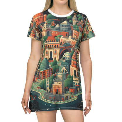 Galactic Metropolis Pattern, Sci-Fi Inspired - T-Shirt Dress (AOP)