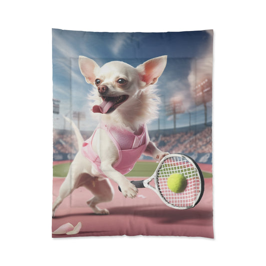 Chihuahua Tennis Ace: traje rosa para perro, juego deportivo atlético en la cancha - Cama Colcha