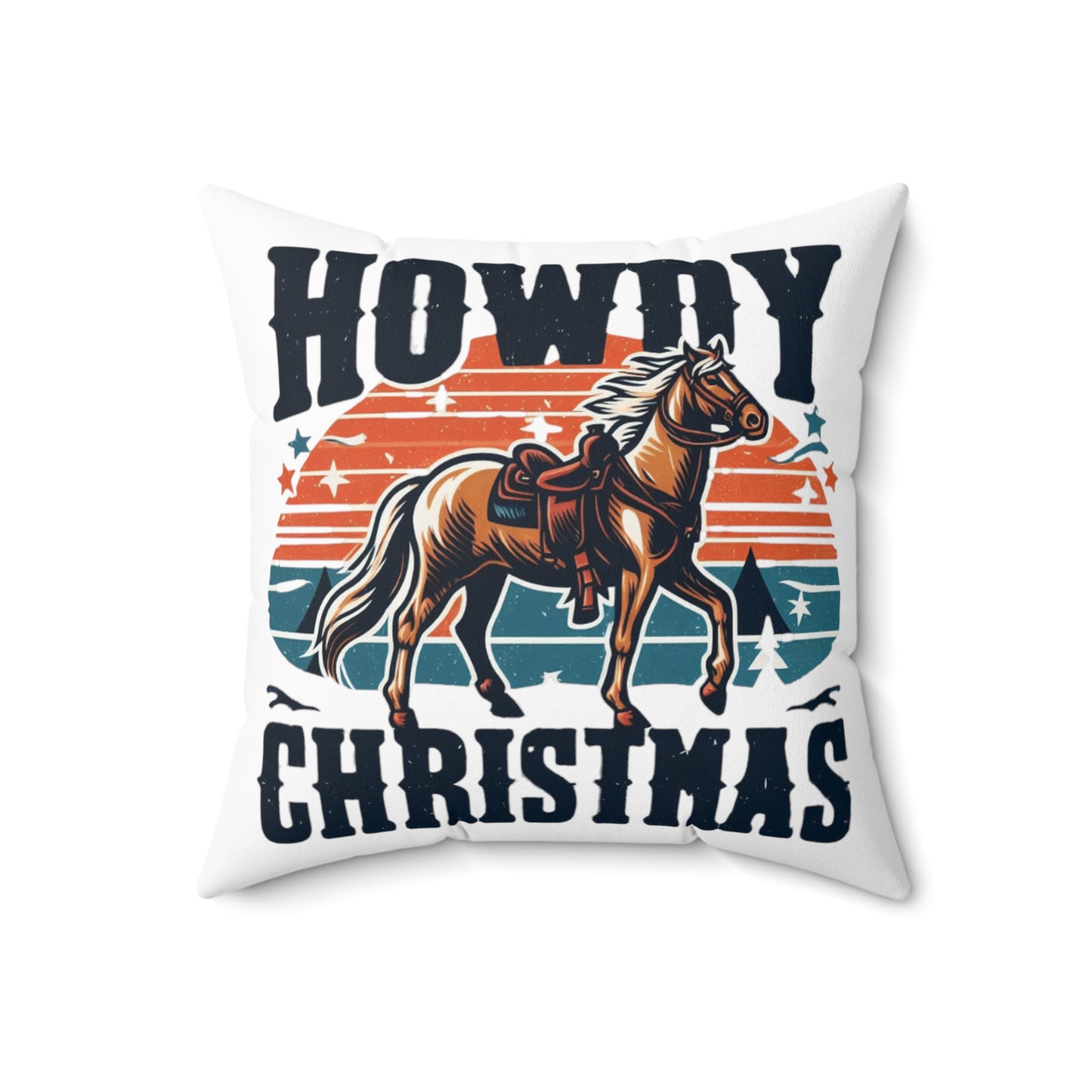 Retro Western Christmas - Howdy Christmas with Patriotic Horse and Star Banner - Spun Polyester Square Pillow