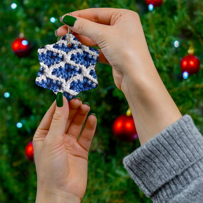 Blueberry Blue Crochet, White Accents, Classic Textured Pattern - Ceramic Ornament, 4 Shapes