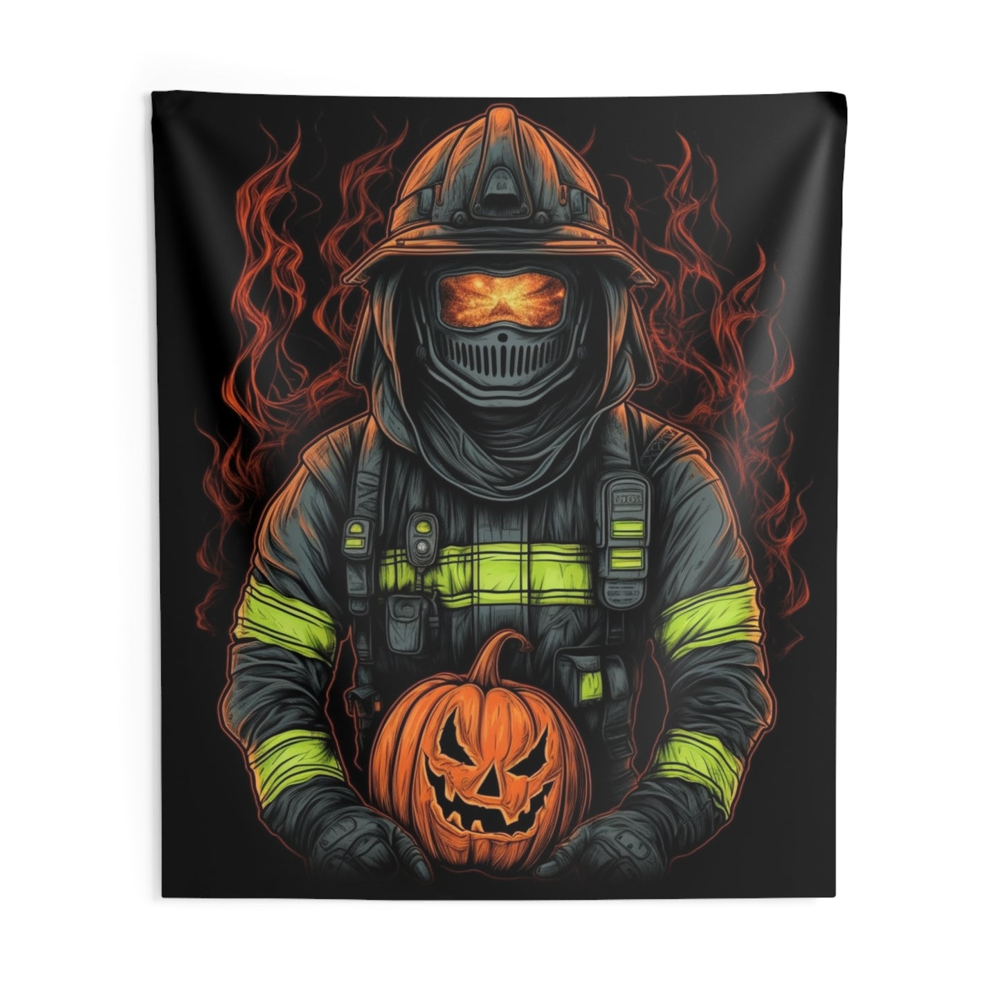 Firefighter Spooky Alert: Facing Haunted Halloween Spirits Scary Fire Pumpkin - Indoor Wall Tapestries