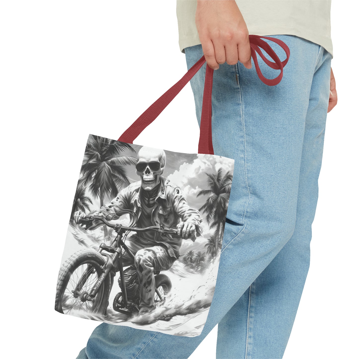 Biker Skeleton Wearing Sunglasses, Riding Sunset Boulevard in California Motorcycle, Tote Bag (AOP)