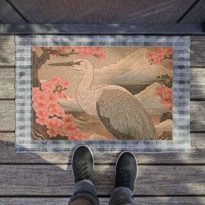 Sakura Blossoms Majestic Crane - Japanese, Birthday Gift for Dad, Traditional Indigo & Mount Fuji - Doormat