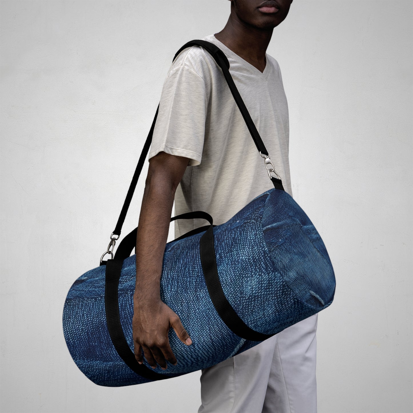 Dark Blue: Distressed Denim-Inspired Fabric Design - Duffel Bag