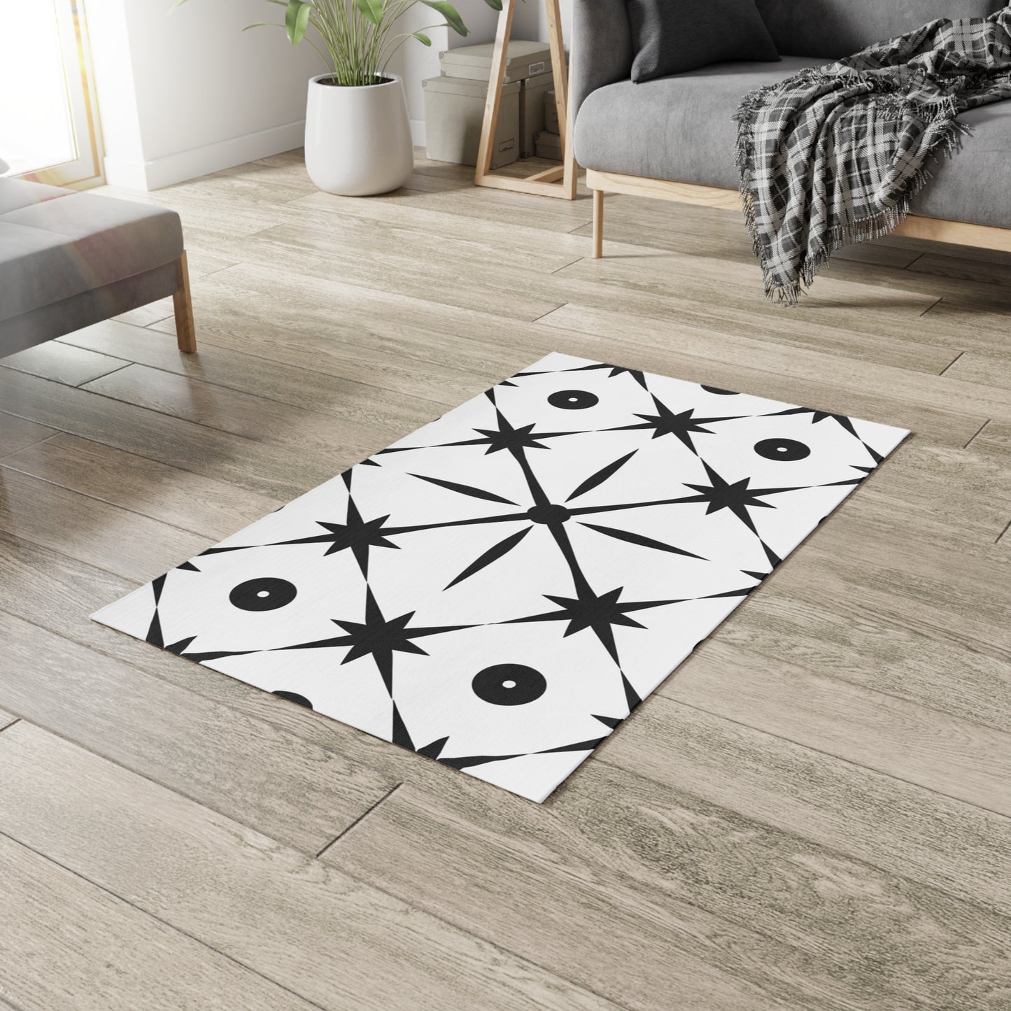 Mid Century Modern Asterisk Design - White & Black Atomic Starburst - Dobby Rug