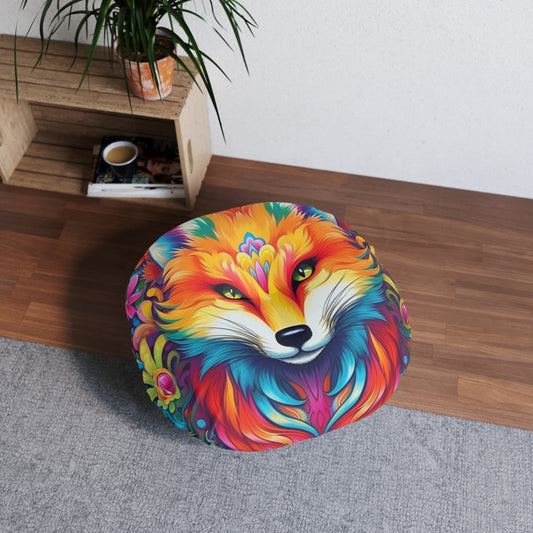 Vibrant & Colorful Fox Design - Unique and Eye-Catching - Tufted Floor Pillow, Round