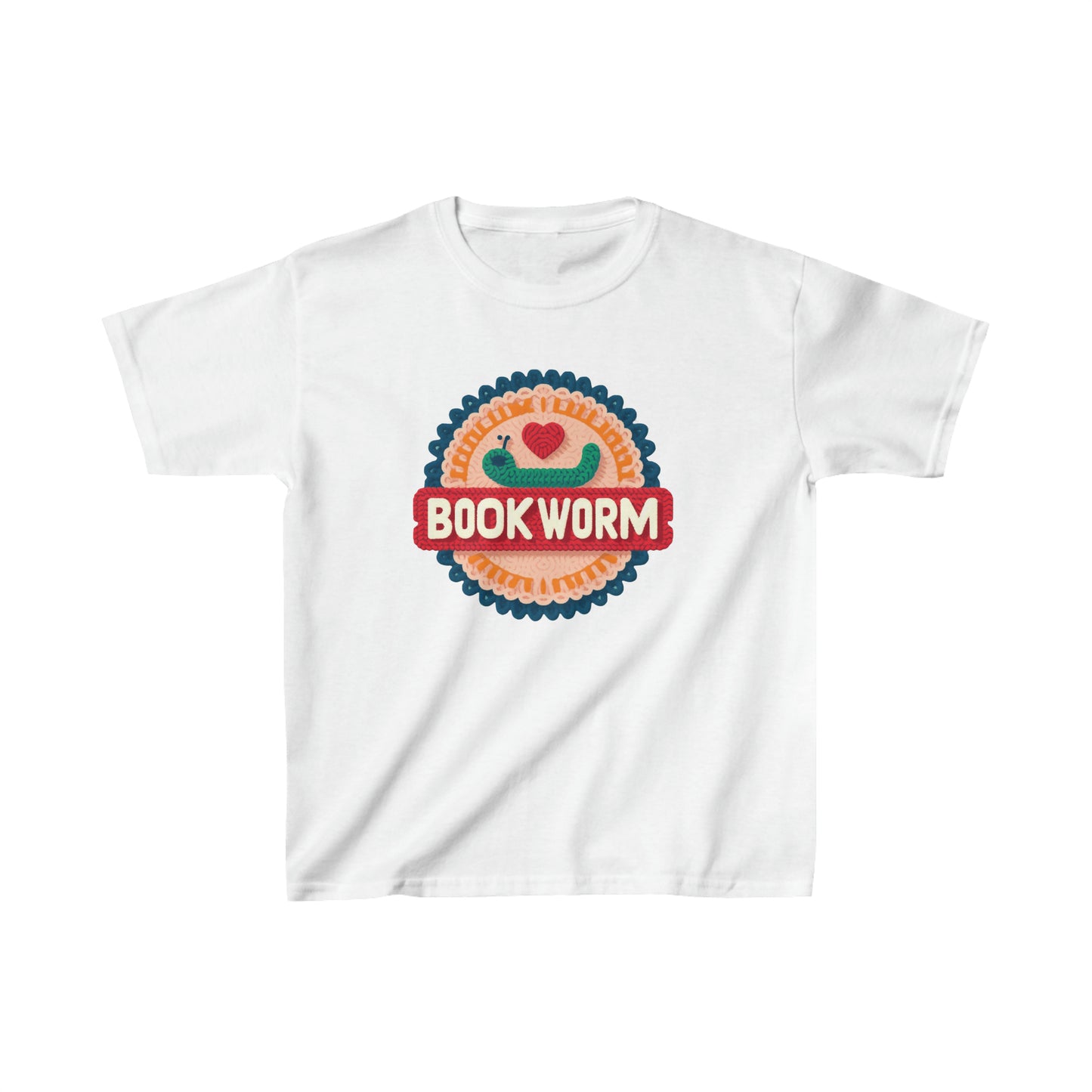 Crochet Bookworm Illustration: Cozy Reader Embroidered Patch Design - Ideal for Bibliophile - Kids Heavy Cotton™ Tee