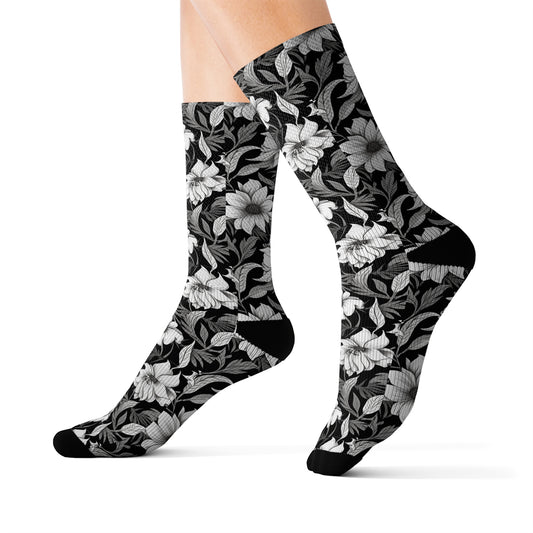 Monochromatic Floral - Blossom Maximalism, Watercolor Flower Pattern, Soft Cream Decor - Sublimation Socks