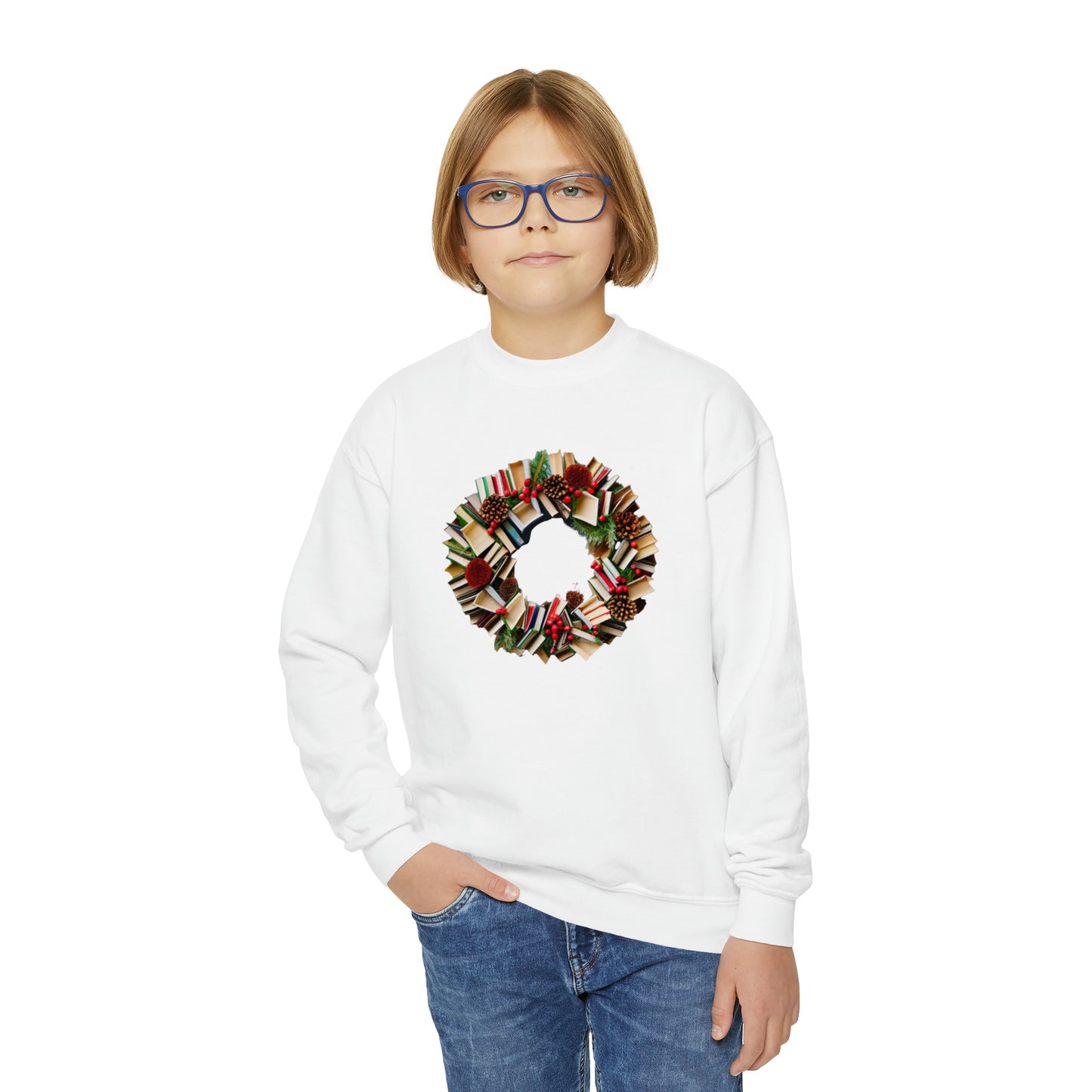 Holiday Book Wreath: Festive Literary Book Lover & Christmas Pinecone Arrangement - Youth Crewneck Sweatshirt