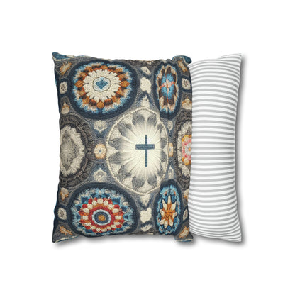 Bohemian Crochet Mandala with Centered Christian Cross - Earthy Tones Mosaic - Spun Polyester Square Pillow Case