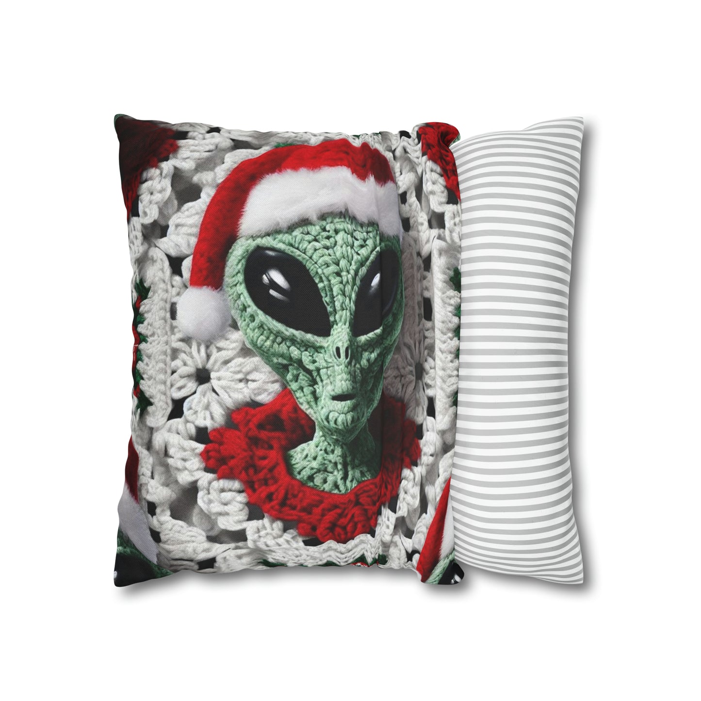 Santa's Cosmic Secret: Jolly Green Christmas Extraterrestrial with Festive Attire Crochet Art - Spun Polyester Square Pillow Case