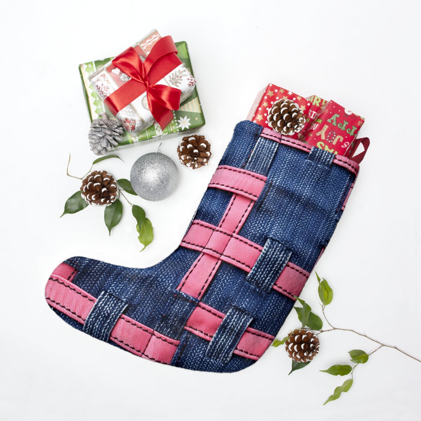 Candy-Striped Crossover: Pink Denim Ribbons Dancing on Blue Stage - Christmas Stockings